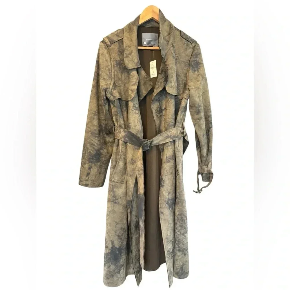 NWT Anthropologie Roxie Sueded Tie Dye Trench Coat Brown Black Tie Waist Size M